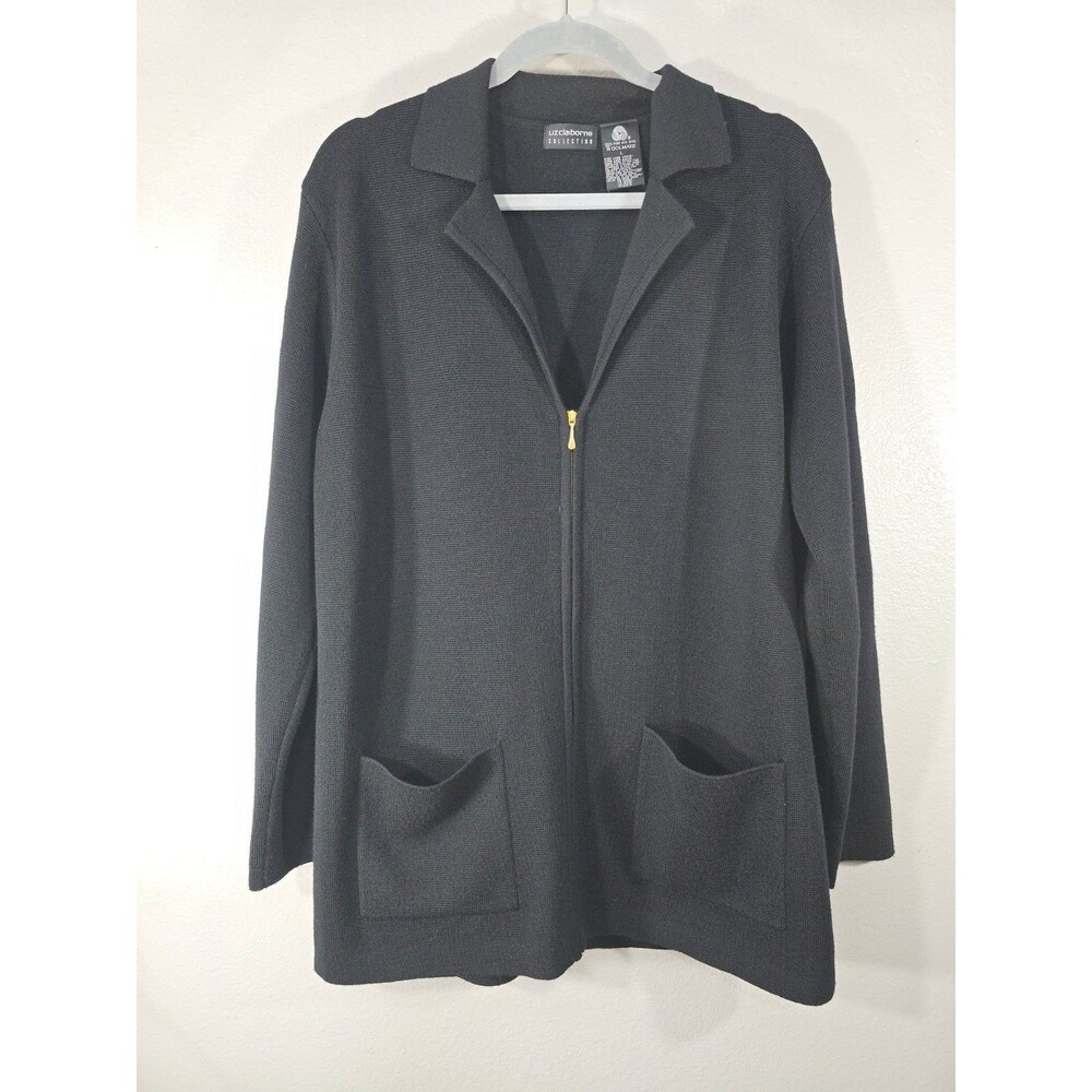 LIZ CLAIBORNE COLLECTION Black Sweater Jacket 100% Wool Zip XL Minimalist AG